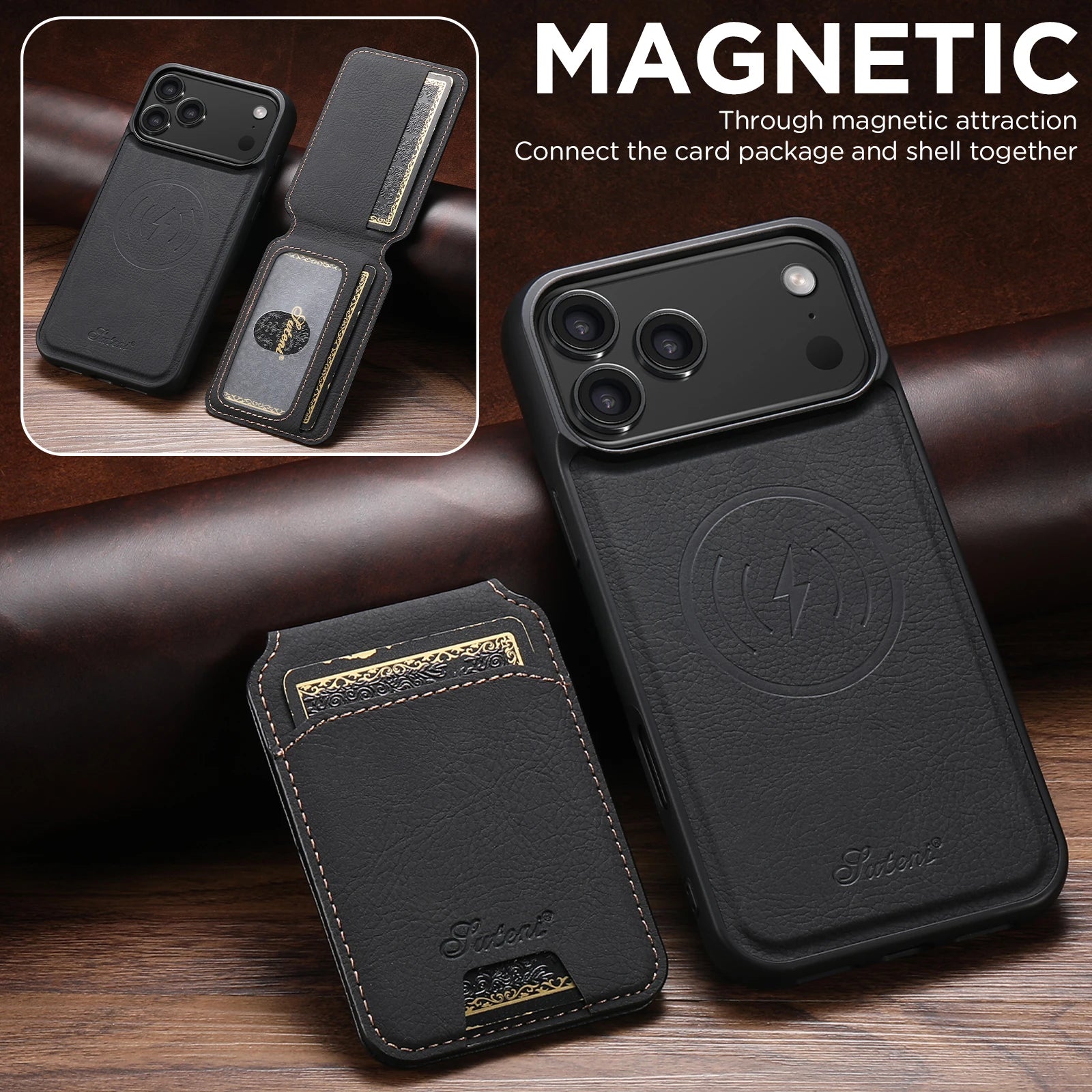 SUTENI Magnetische Wallet Case met Draadloos Opladen (iPhone)