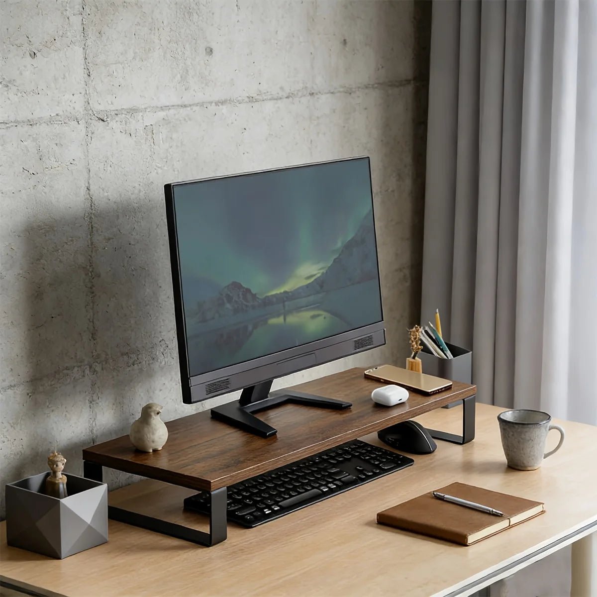 Monitor Stand  Industrial Style with Wood & Metal –detail view