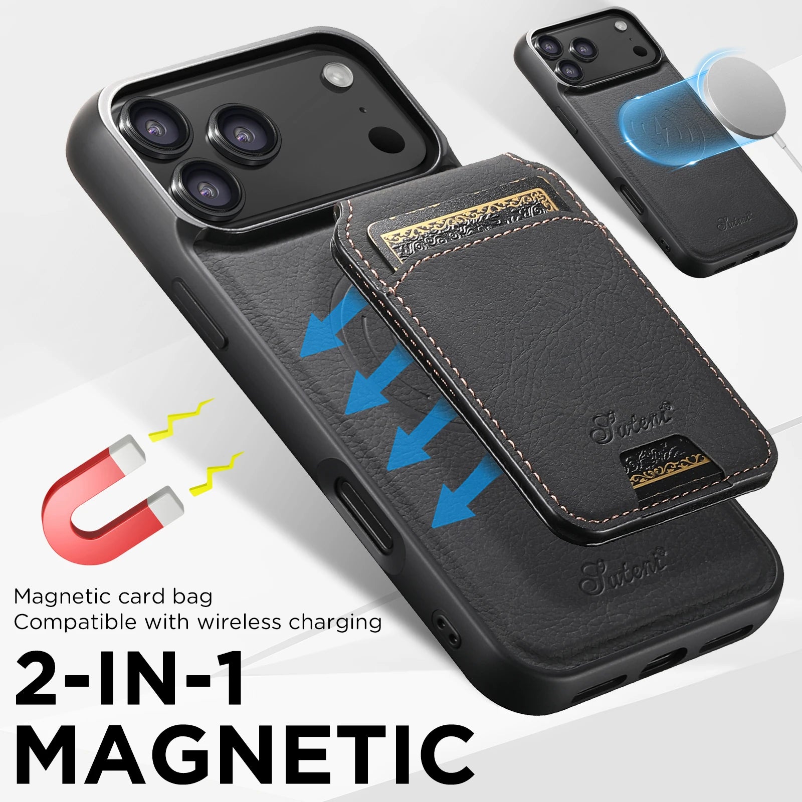 SUTENI Magnetische Wallet Case met Draadloos Opladen (iPhone)