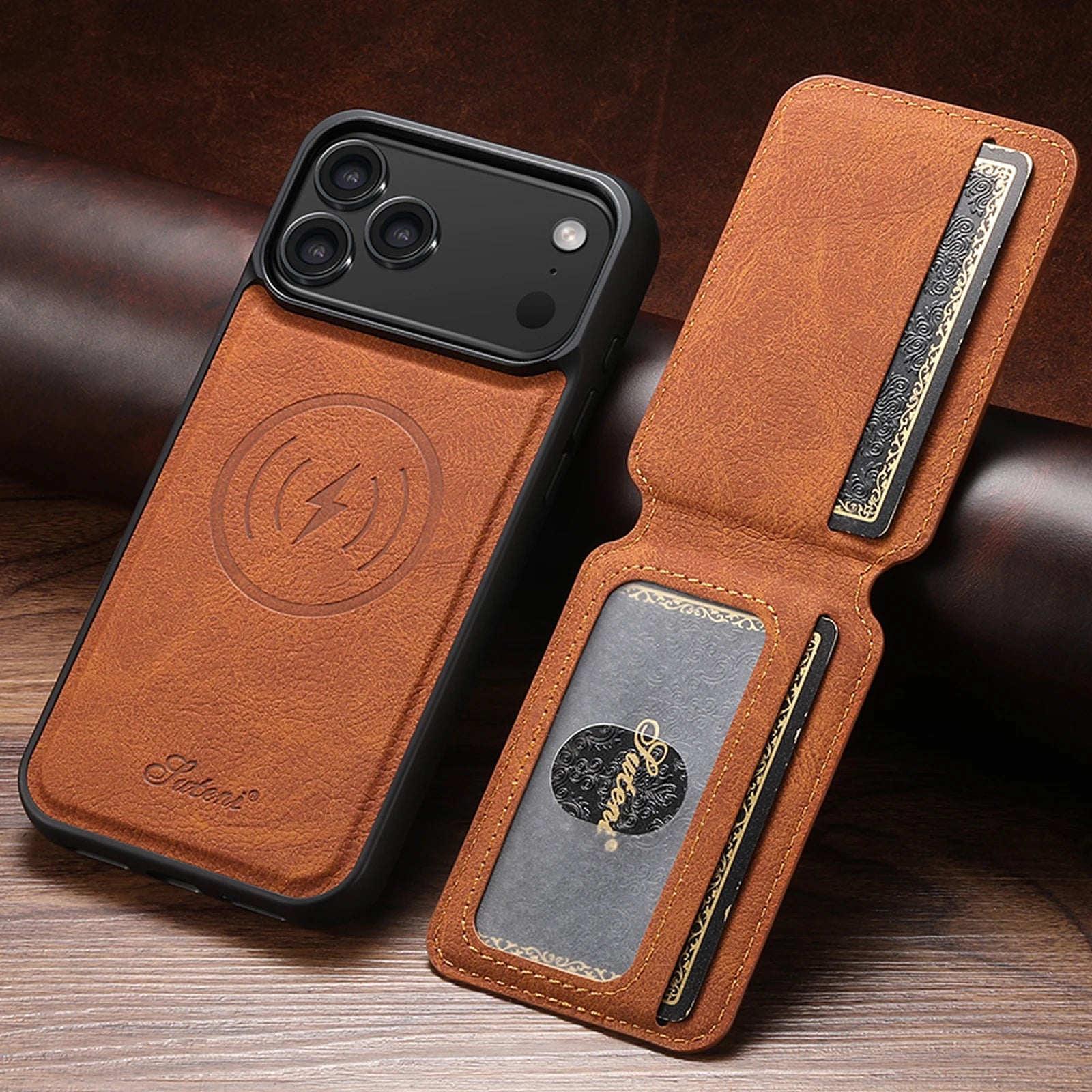 SUTENI Magnetische Wallet Case met Draadloos Opladen (iPhone)