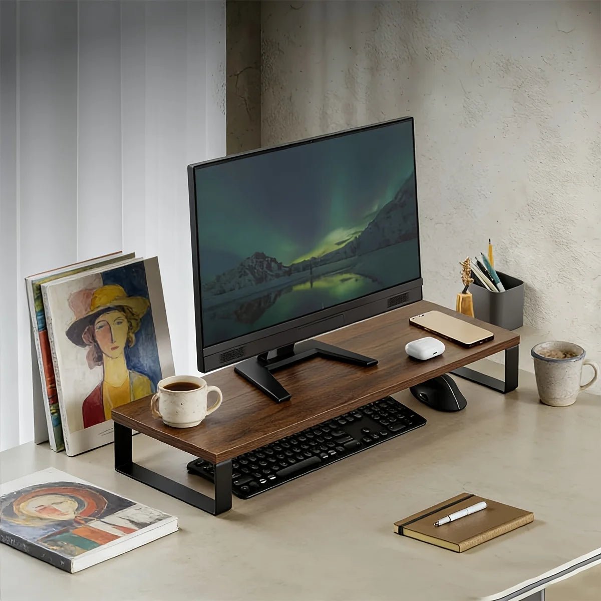 Monitor Stand Industrial Style with Wood & Metal side view 2
