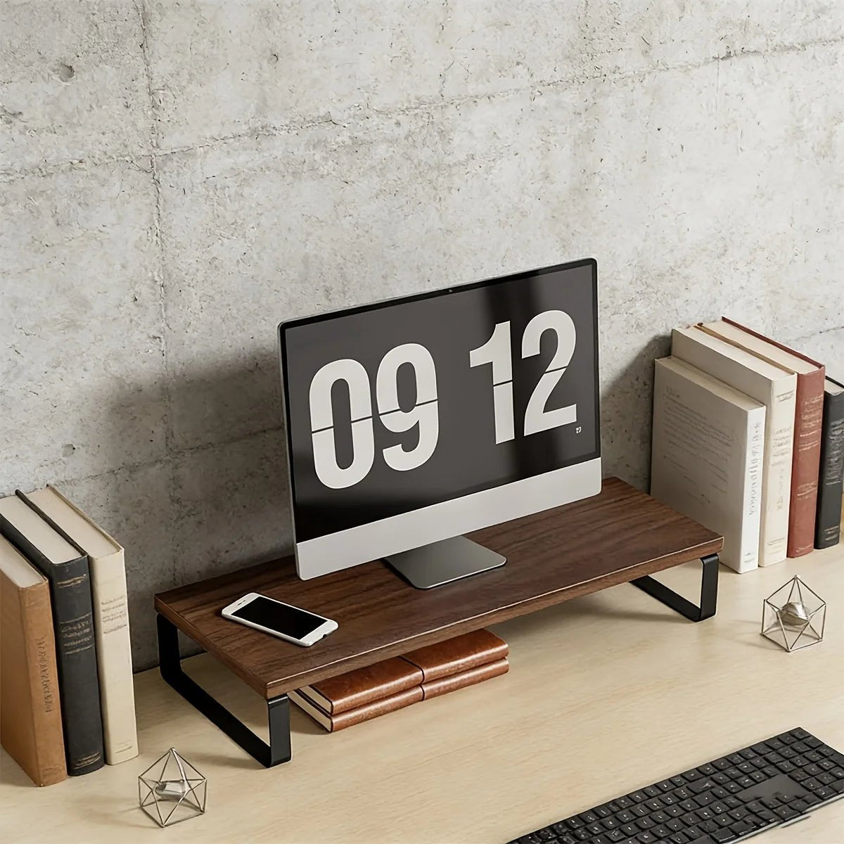 Minimalist desk in neutral finish on clean workspace side view