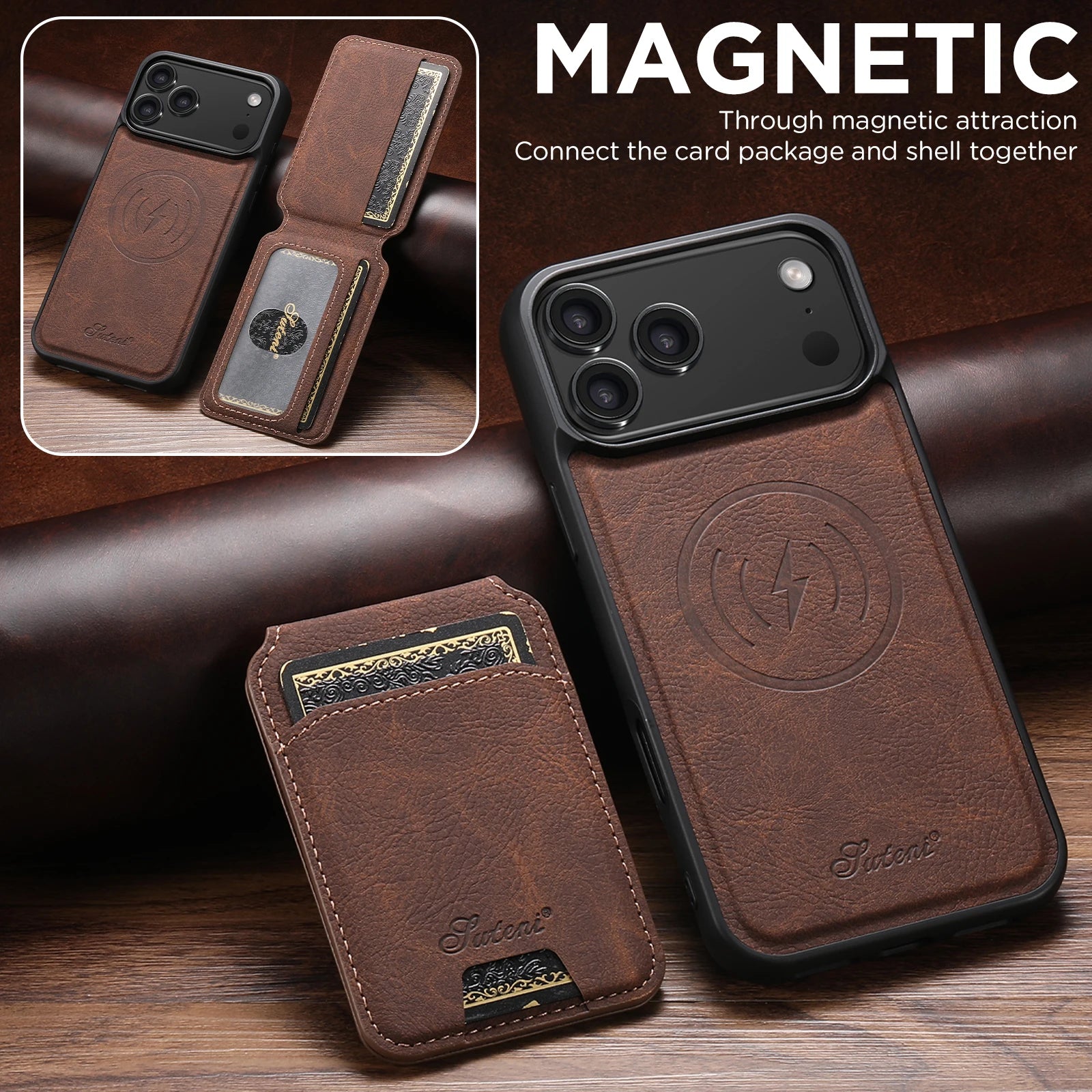 SUTENI Magnetische Wallet Case met Draadloos Opladen (iPhone)