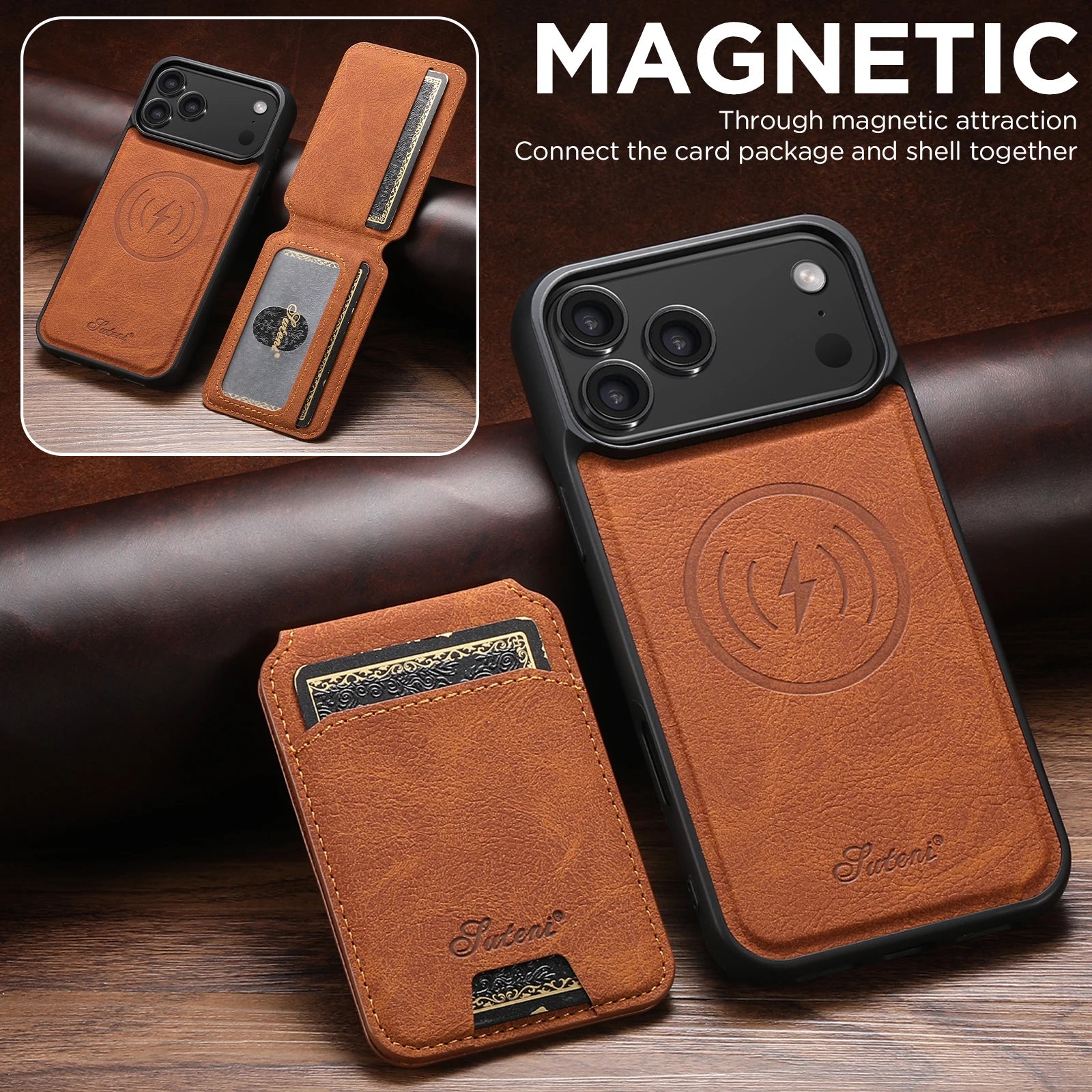 SUTENI Magnetische Wallet Case met Draadloos Opladen (iPhone)