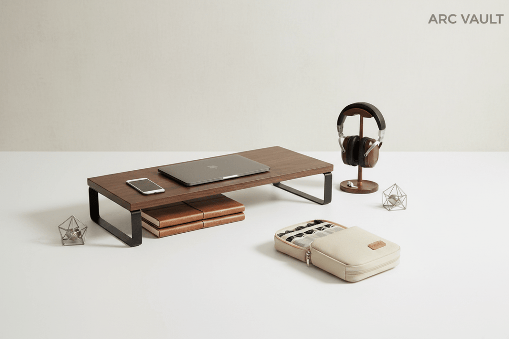 Flat lay arrangement of desk accessories on neutral surface