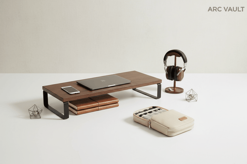 Flat lay arrangement of desk accessories on neutral surface