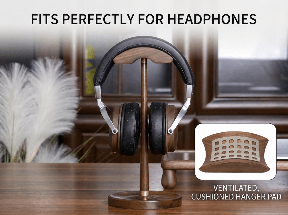 profile view of headphone stand holding over-ear headphones
